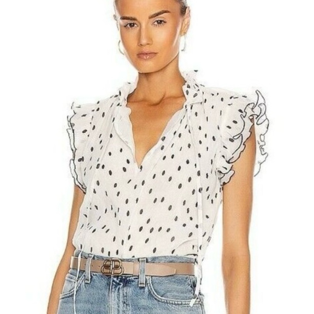 Ganni Black and White Ruffled Cap Sleeve Blouse